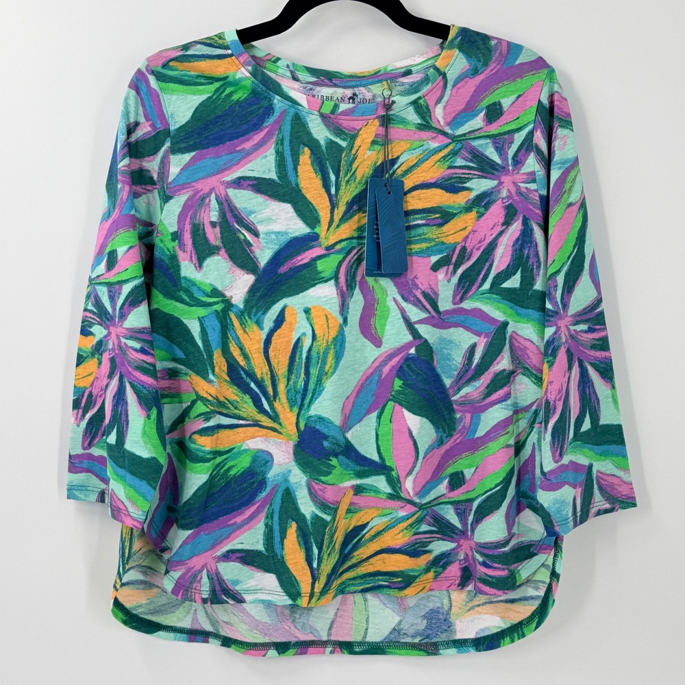 Caribbean Joe Tropical Floral Knit Top in Teal, Pink & Yellow
